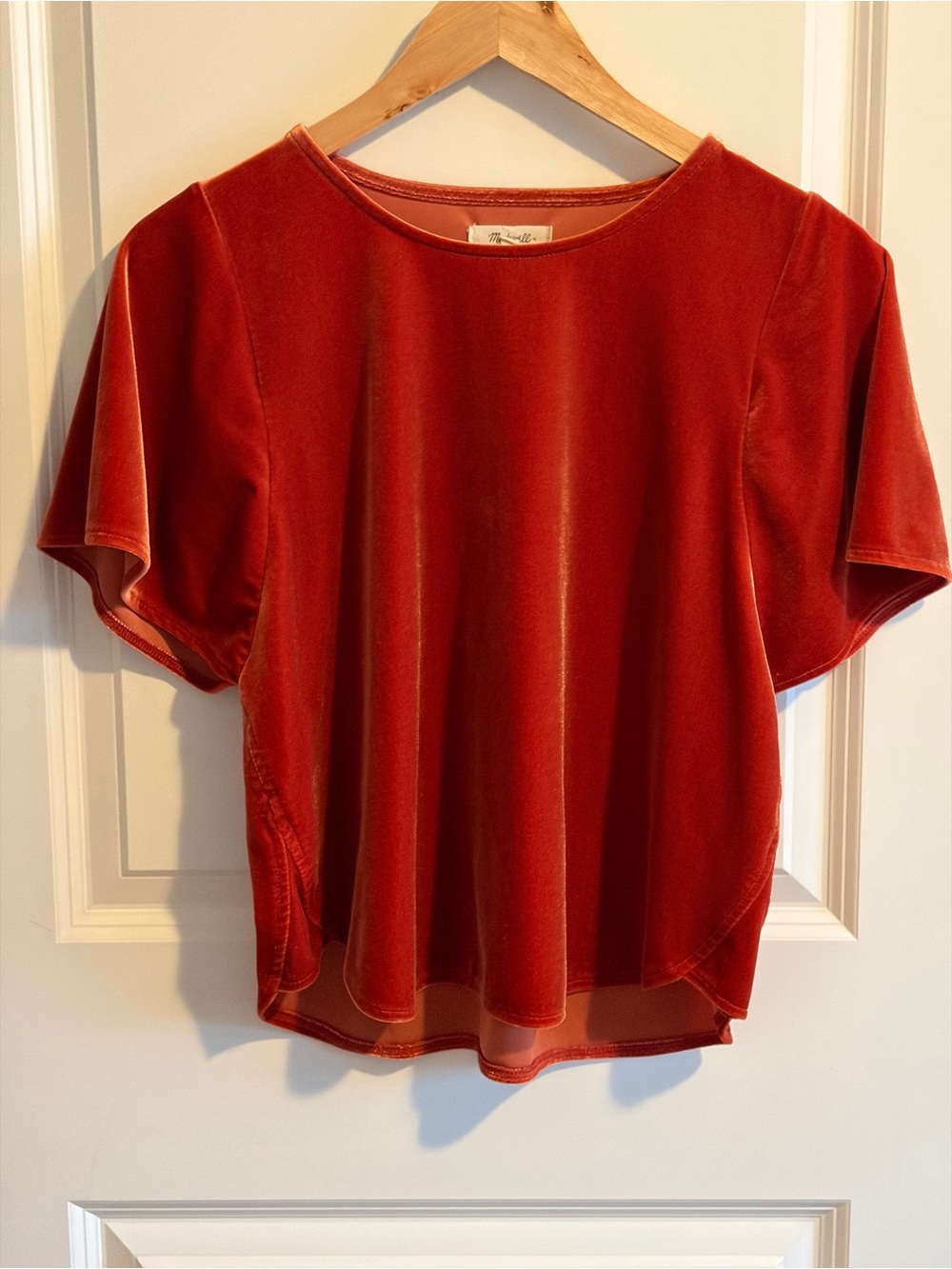 Madewell Velvet Flutter-Sleeve Top in Burnt Orange
